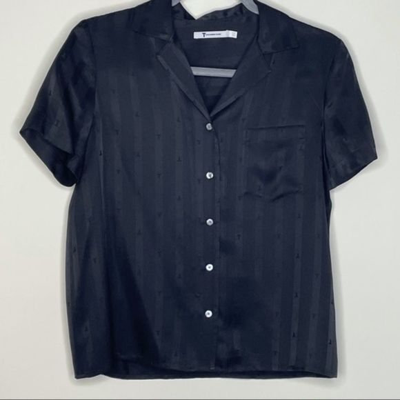 T by Alexander Wang | Monogram Button down collar top | 100% Silk | sz 0 | Black - Picture 1 of 10